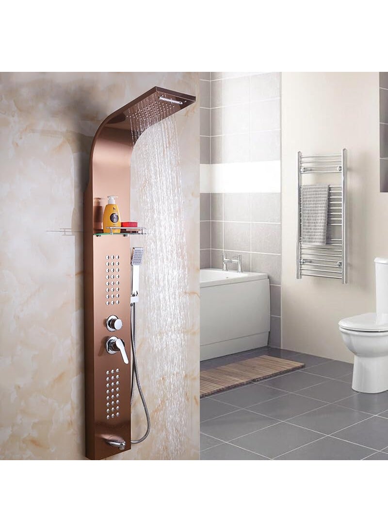 inart InArt Stainless Steel 304 Grade Shower Panel 5 in 1 Tower System with Waterfall Rainfall Shower Body Massage Spray SS Handheld Shower and Glass Shelf Rose Gold  - Image 1