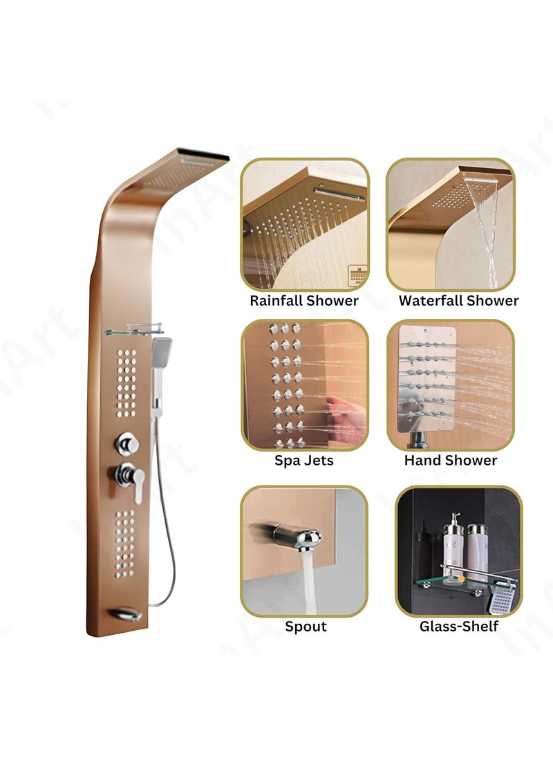 inart InArt Stainless Steel 304 Grade Shower Panel 5 in 1 Tower System with Waterfall Rainfall Shower Body Massage Spray SS Handheld Shower and Glass Shelf Rose Gold  - Image 2