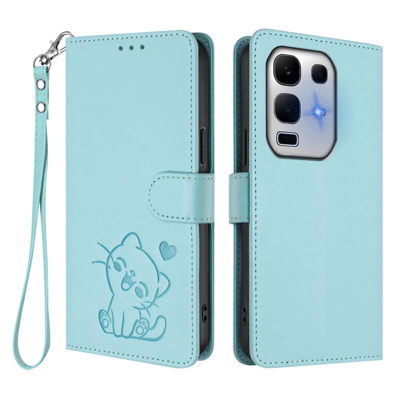 إيروريكس جراب هاتف من الجلد المنقوش على شكل قطة لهاتف Infinix Note 50X 5G مع حزام يد (أخضر نعناعي) - Image 2