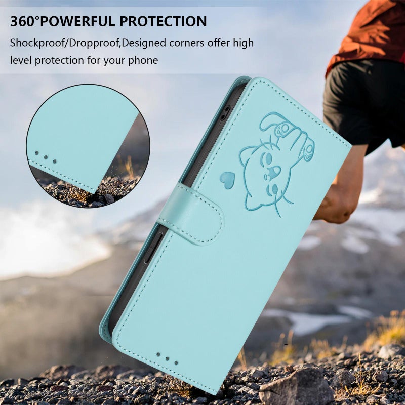 إيروريكس جراب هاتف من الجلد المنقوش على شكل قطة لهاتف Infinix Note 50X 5G مع حزام يد (أخضر نعناعي) - Image 5