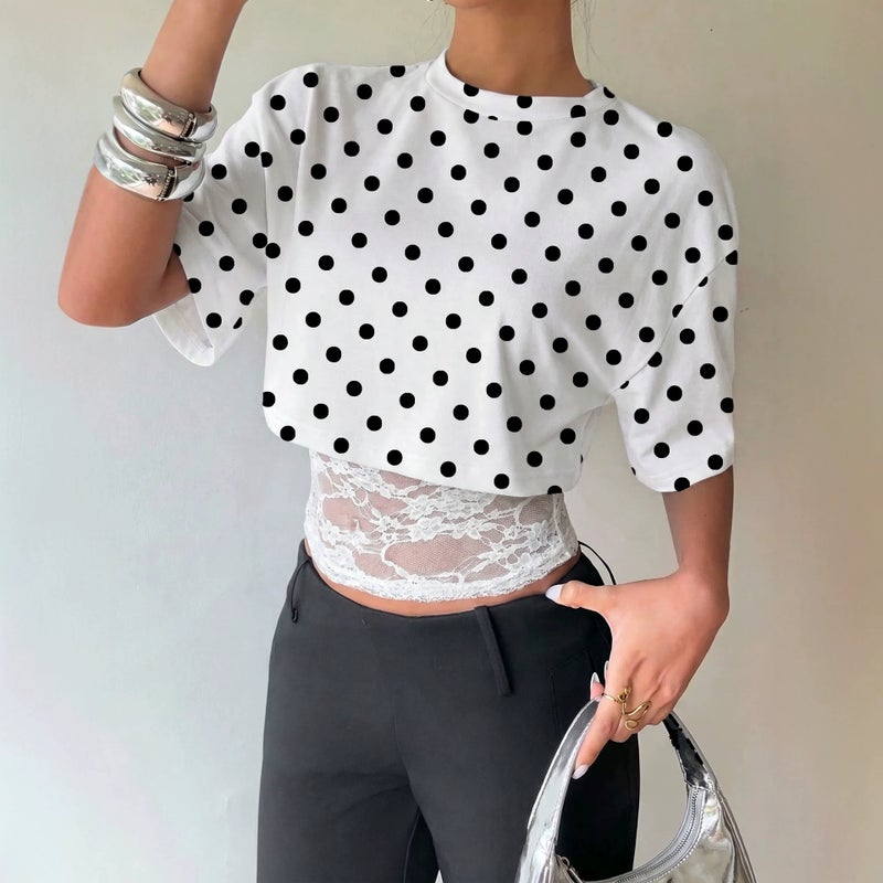 Women's Lace Patchwork Short Sleeve T-Shirt - Image 3