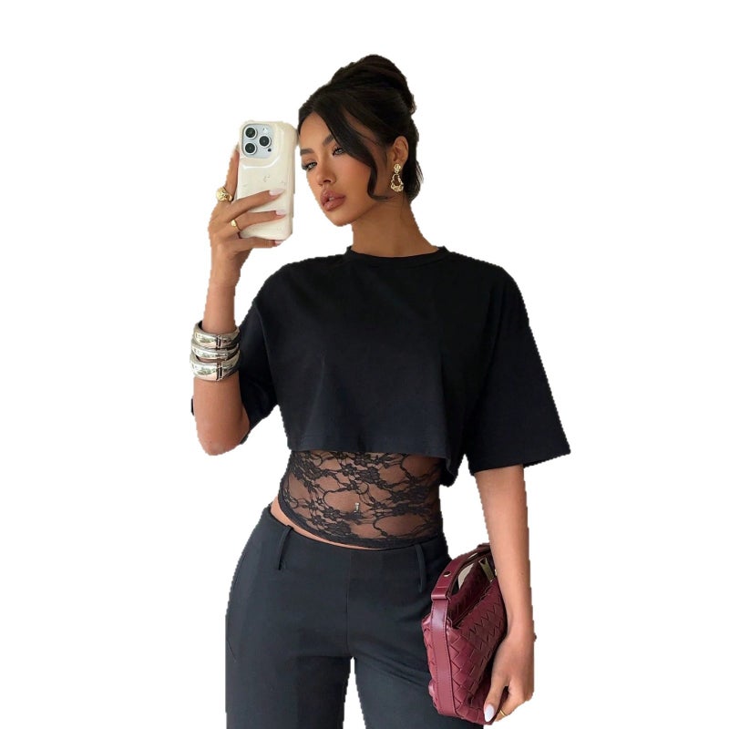 Women's Lace Patchwork Short Sleeve T-Shirt - Image 5
