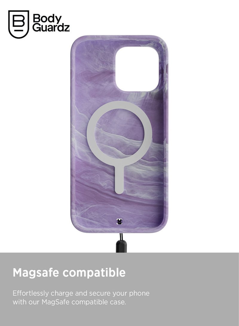 Bodyguardz Carve Marble for iPhone 15 Pro MAX Case Cover compatible with MagSafe with Lanyard - Purple/White - Image 4