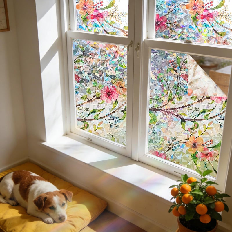 Hilarious Stained Glass Window Film Rainbow Floral Static Cling Window Film Flower Window Privacy Film No Glue Decorative Window Cling UV Blocking Heat Control Glass Windows Stickers, 35.4''x118'' - Image 4