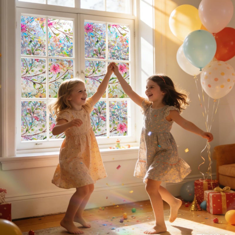 Hilarious Stained Glass Window Film Rainbow Floral Static Cling Window Film Flower Window Privacy Film No Glue Decorative Window Cling UV Blocking Heat Control Glass Windows Stickers, 35.4''x118'' - Image 3