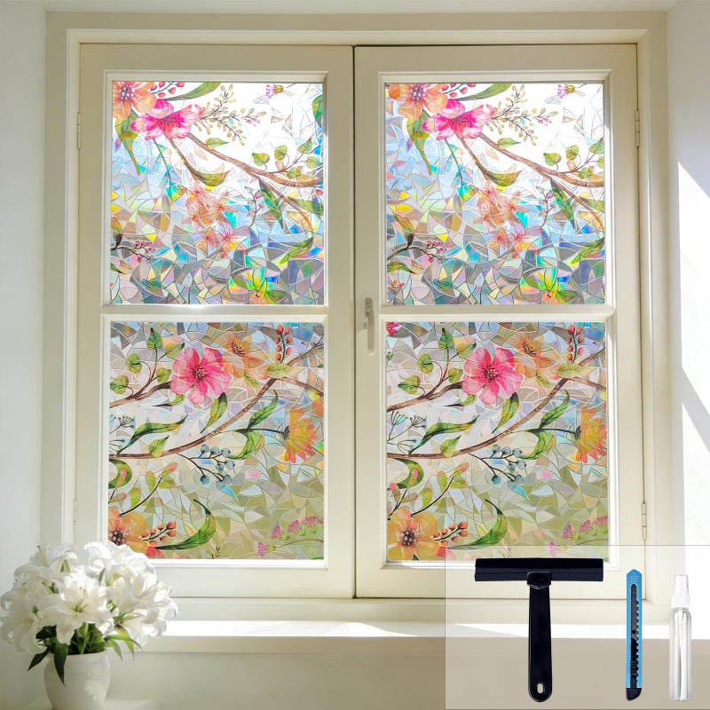 Hilarious Stained Glass Window Film Rainbow Floral Static Cling Window Film Flower Window Privacy Film No Glue Decorative Window Cling UV Blocking Heat Control Glass Windows Stickers, 35.4''x118'' - Image 1