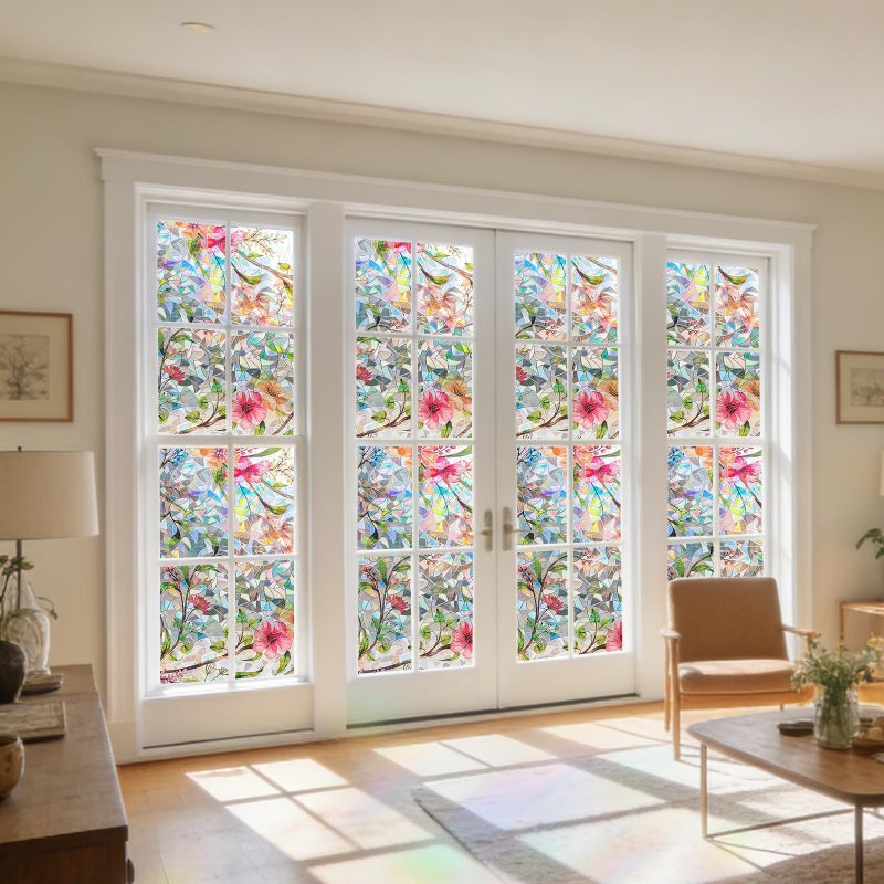 Hilarious Stained Glass Window Film Rainbow Floral Static Cling Window Film Flower Window Privacy Film No Glue Decorative Window Cling UV Blocking Heat Control Glass Windows Stickers, 35.4''x118'' - Image 5