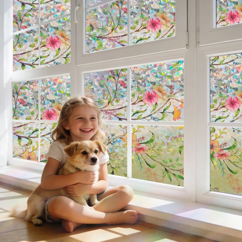 Hilarious Stained Glass Window Film Rainbow Floral Static Cling Window Film Flower Window Privacy Film No Glue Decorative Window Cling UV Blocking Heat Control Glass Windows Stickers, 35.4''x118'' - Image 2