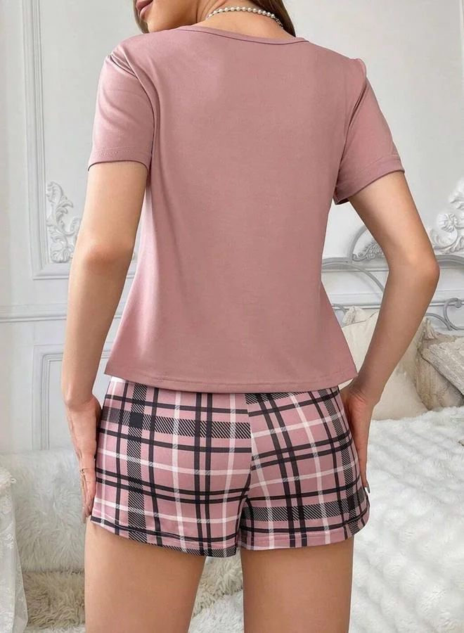 Take Two Pink Plaid Pocket Print T-Shirt and Shorts Set