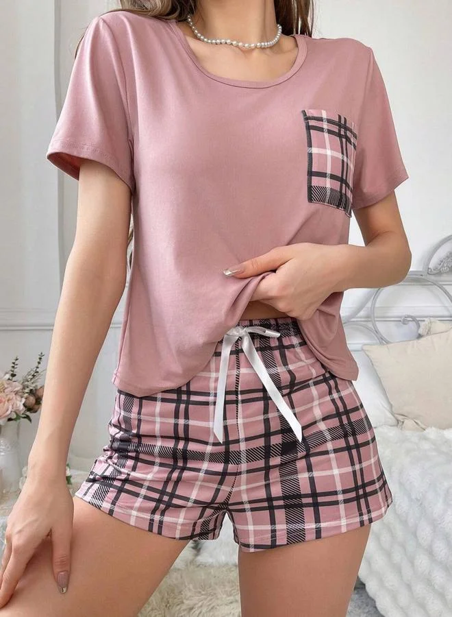 Take Two Pink Plaid Pocket Print T-Shirt and Shorts Set