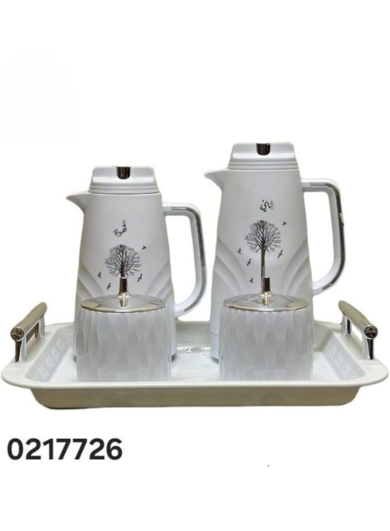 AL OSTORAH White +Silver thermos set for tea and coffee with a serving tray, sugar bowl and tea box with an attractive design, 5 pieces