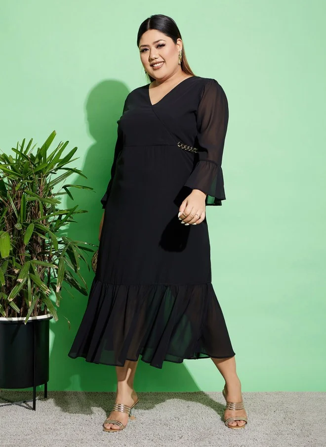 ساسافراس Black Plus Size Bell Sleeves Wrap Dress for Women