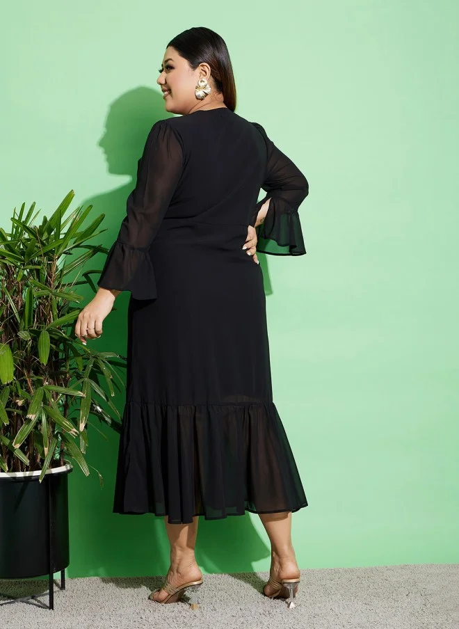 ساسافراس Black Plus Size Bell Sleeves Wrap Dress for Women