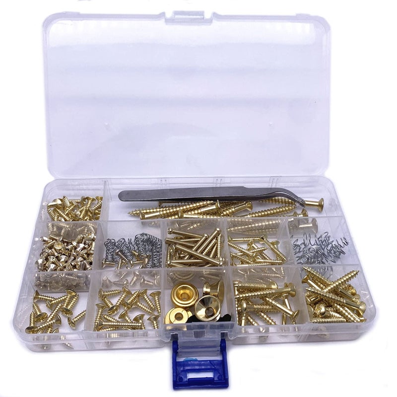 Jiayouy 268 Pieces Guitar Mounting Screws Assortment Box 9 Types Electric Guitar Screw Kit for Electric Guitar Bridge Pickup Pickguard Tuner Switch Neck Plate with Springs and Tweezers Gold