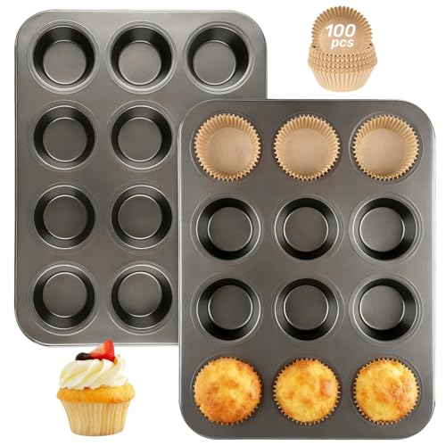Artcochan 2 Pack Muffin Pan with 100 Cupcake Liners, 12 Cup Nonstick Cupcake Pan for Baking, Carbon Steel Baking Supplies Muffin Tin - Image 1
