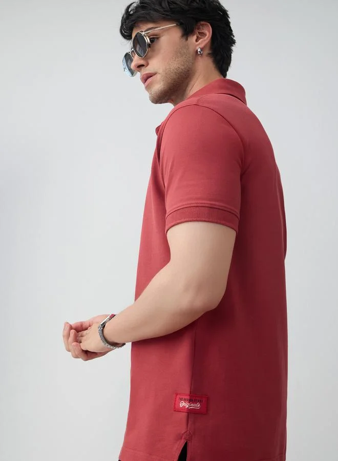 The Souled Store Red Cotton Blend Short Sleeve Polo