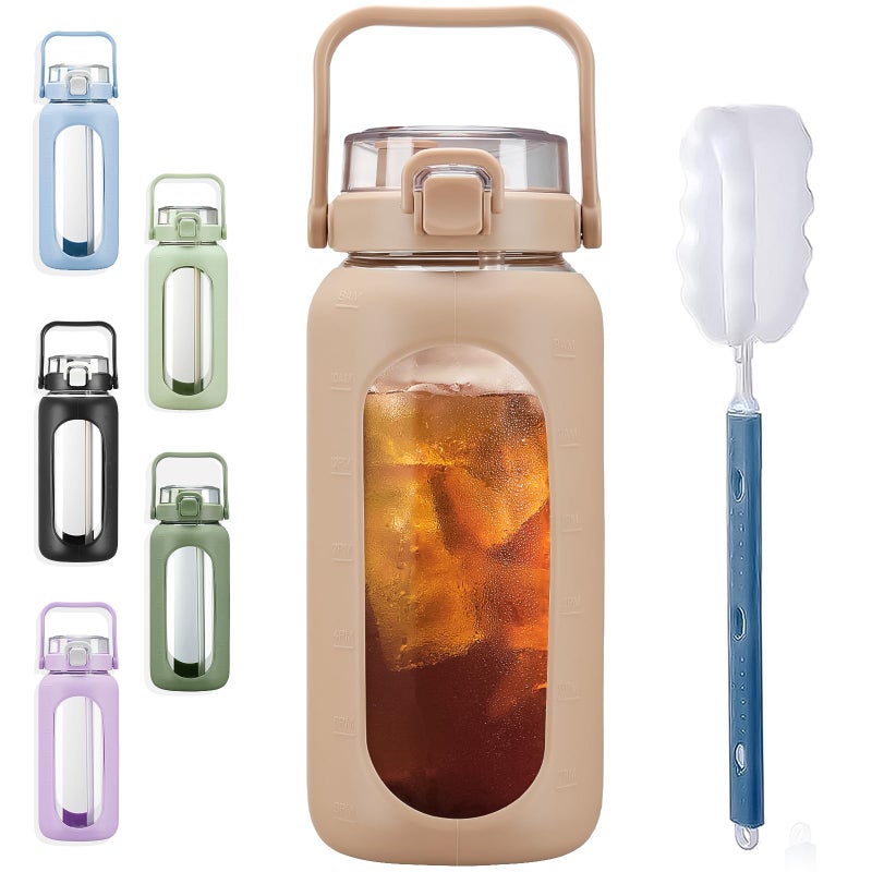 BLUEGO 64oz Glass Water Bottles with Straw Time Marker Half Gallon Large Motivational Water Bottle with Silicone Sleeve 2 Liter Large Glass Water Jug for Gym, Sports& Workout, Daily, Amber - Image 1
