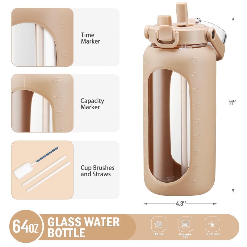 BLUEGO 64oz Glass Water Bottles with Straw Time Marker Half Gallon Large Motivational Water Bottle with Silicone Sleeve 2 Liter Large Glass Water Jug for Gym, Sports& Workout, Daily, Amber - Image 5