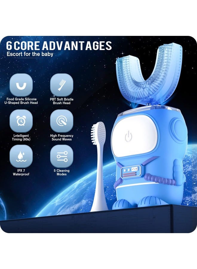 RexCodar Ultrasonic Kid's U-Shaped Electric Toothbrush, IPX7 Waterproof, Five Cleaning Modes, 60S Smart Reminder (Blue Ages 6-12) - Image 2