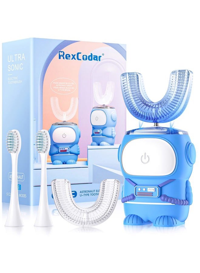 RexCodar Ultrasonic Kid's U-Shaped Electric Toothbrush, IPX7 Waterproof, Five Cleaning Modes, 60S Smart Reminder (Blue Ages 6-12) - Image 1