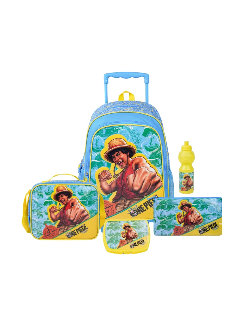نيتفليكس Netflix One Piece 5-in-1 Kids Trolley School Set 18" | Rolling Backpack, Lunch Bag, Lunch Box, Water Bottle & Pencil Case  | Water Resistant  | Boys School Bag