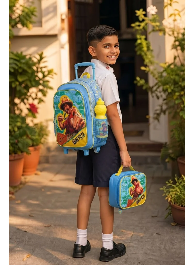 نيتفليكس Netflix One Piece 5-in-1 Kids Trolley School Set 18" | Rolling Backpack, Lunch Bag, Lunch Box, Water Bottle & Pencil Case  | Water Resistant  | Boys School Bag