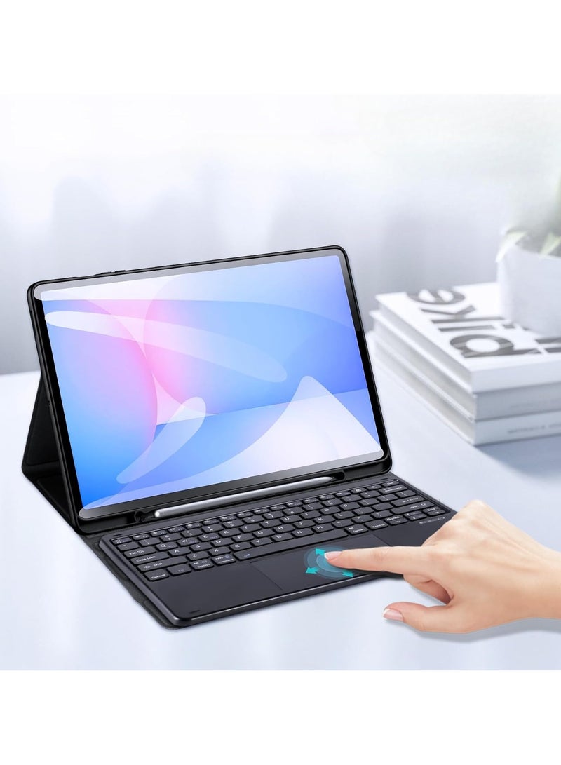 غلاف لوحة مفاتيح متوافق مع جهاز Samsung Galaxy Tab S10 FE Plus (Tab S10 FE+) ذو شاشة 13.1 بوصة من سنة 2025. هو غلاف لوحة مفاتيح تفاعلية تعمل باللمس وتتصل بالطبلت عن طريق بلوتوث، ويحتوي على حامل قلم - Image 1