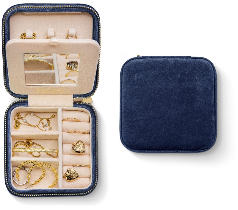 Benevolence LA Plush Velvet Jewelry Box | Travel Jewelry Case Organizer with Mirror | Featured in Oprah's Favorite Things | Best Gifts For Daughter, Girlfriend, Mom | Gifts For Her - Navy Blue - Image 1