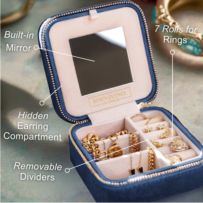 Benevolence LA Plush Velvet Jewelry Box | Travel Jewelry Case Organizer with Mirror | Featured in Oprah's Favorite Things | Best Gifts For Daughter, Girlfriend, Mom | Gifts For Her - Navy Blue - Image 3