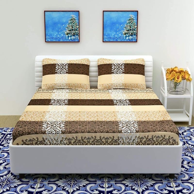 Delight Zone Prime Collection 160TC Supersoft Glace Cotton Elastic Fitted King Size Double Bedsheet with 2 Pillow Covers (Multicolour, Size 72 x 78 Inch) - Double Coffee Gajra 2 - Gold Fitted - Image 1