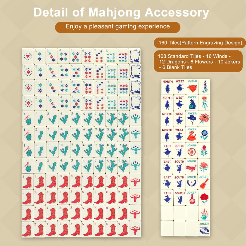 Arrowbash 160 Pcs Texas American Mahjong Set, 1.2 x 0.87 Inches Western Mahjong Tiles, Hand Carved Pattern for Adult Mah Jong Social Games, Beginners, Mah Jong Lovers - Image 3