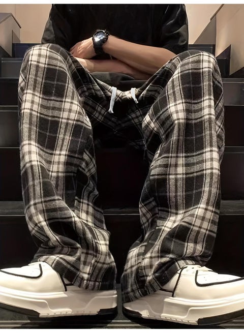 Men's Black White Plaid Checkered Pants Loose Fit Straight Leg Drawstring Tartan Casual Trousers