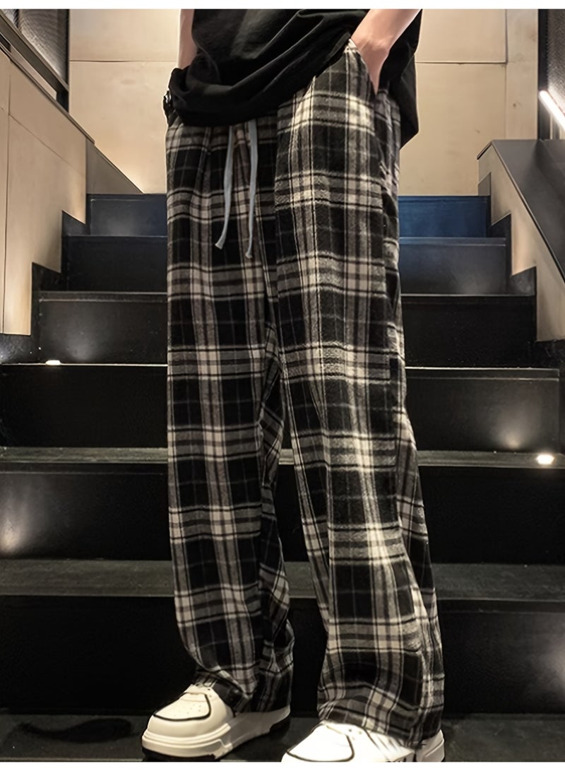 بنطلون رجالي كاروهات أسود أبيض كبير برباط خصر قصة واسعة مستقيمة - Image 2