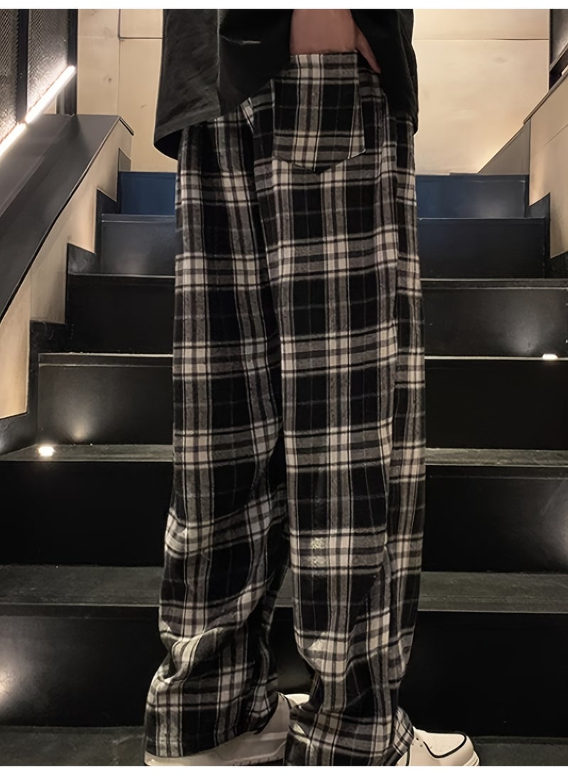 بنطلون رجالي كاروهات أسود أبيض كبير برباط خصر قصة واسعة مستقيمة - Image 5