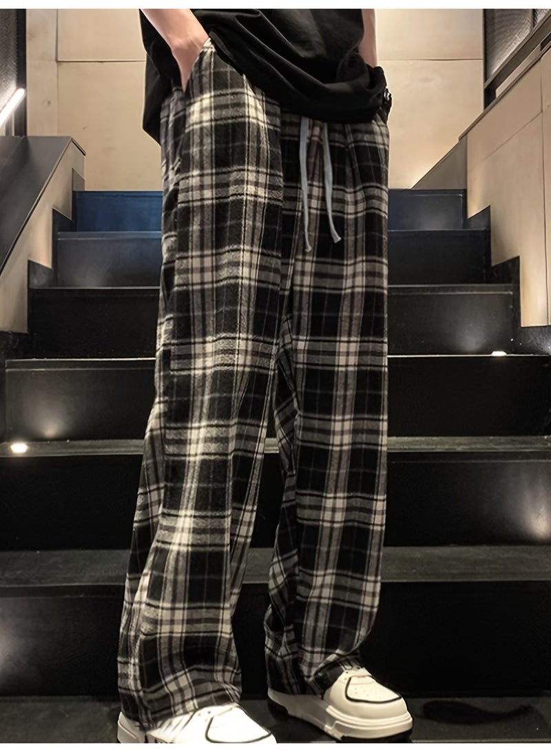 بنطلون رجالي كاروهات أسود أبيض كبير برباط خصر قصة واسعة مستقيمة - Image 4