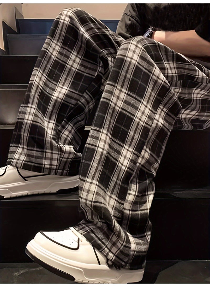 بنطلون رجالي كاروهات أسود أبيض كبير برباط خصر قصة واسعة مستقيمة - Image 3