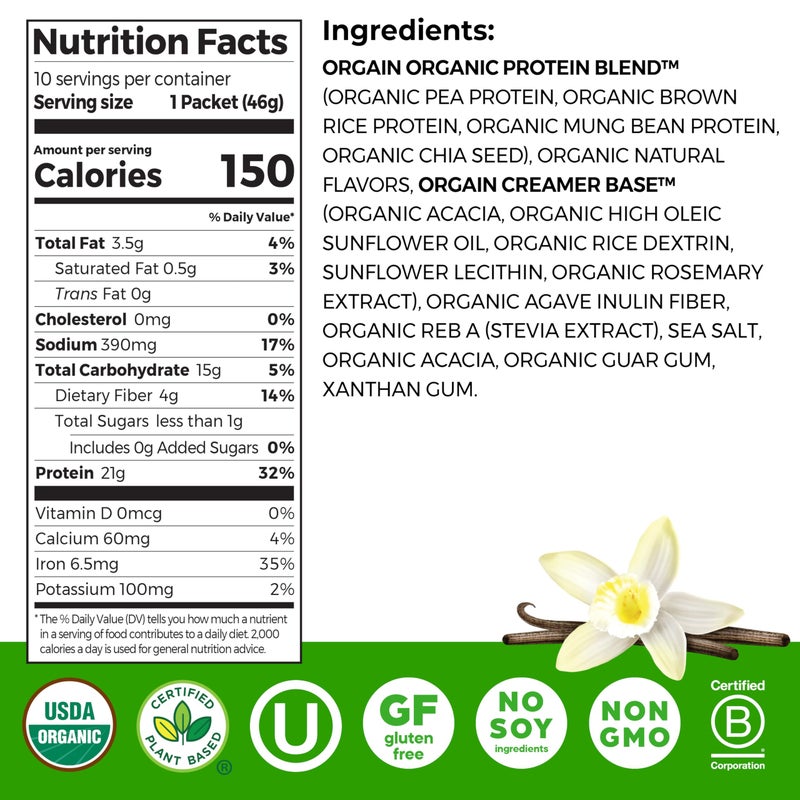 Orgain Organic Vegan Protein Powder, Vanilla Bean - 21g Plant Protein, 5g Prebiotic Fiber, Low Carb, No Lactose Ingredients, No Added Sugar, Non-GMO, For Shakes & Smoothies, 10 Travel Packs - Image 2