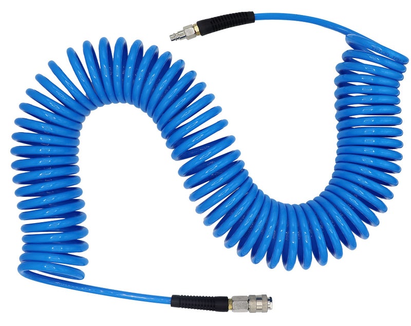 YOTOO Air Compressor Hose Polyurethane Recoil 15m Long 6mm ID x 9.5mm OD with Bend Restrictor, 1/4" Europe Quick Coupler and Plug, Blue - Image 1