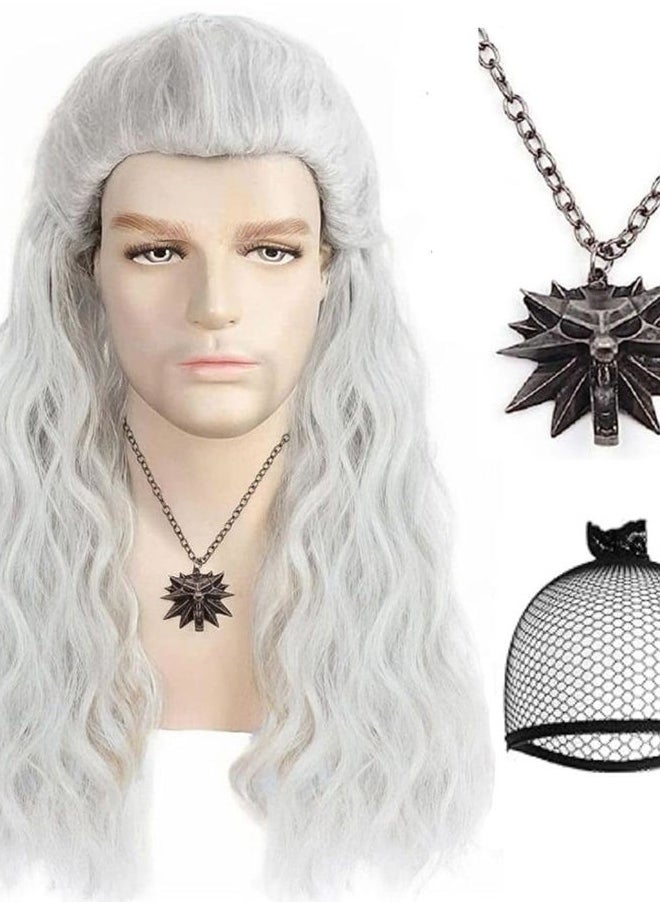 Ebingoo Witcher Wig for Halloween Costume Silver White Wig for Men + Wig Cap Long Wavy Grey White Cosplay Wig Silver Gray Wig Long Curly Wig for Halloween Party Costume Amine  - Image 1
