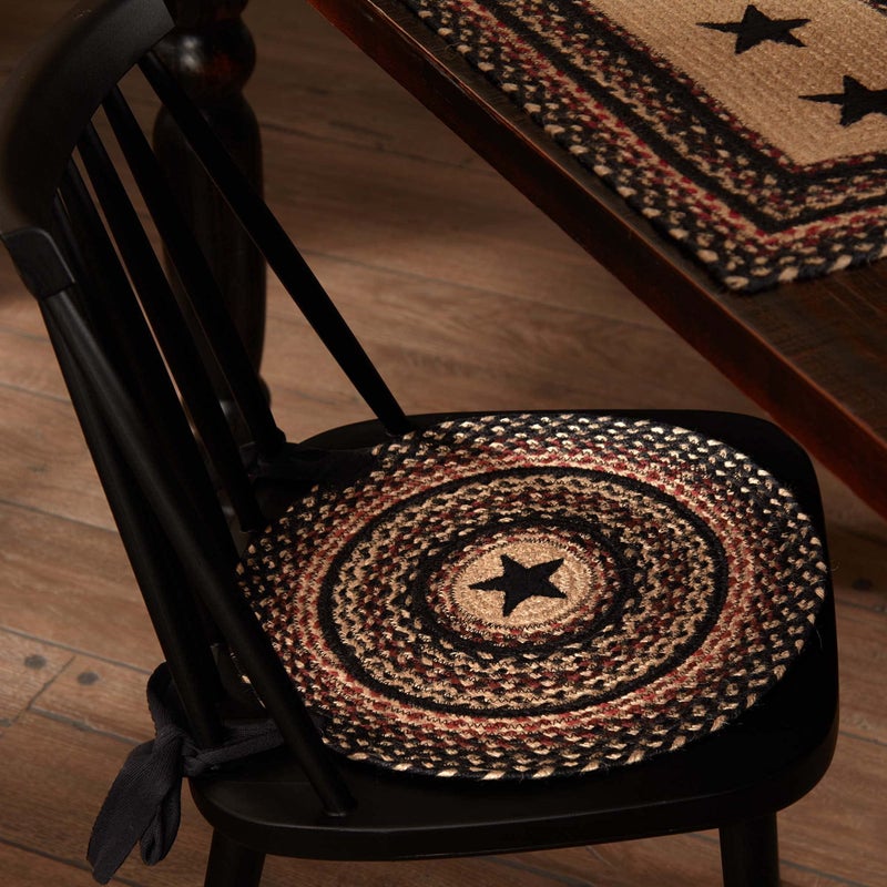 VHC Brands Colonial Star Round Seat Cushion Chair Pad, Tan Black Red, Jute Blend with Ties, 15x15 Inches - Image 1