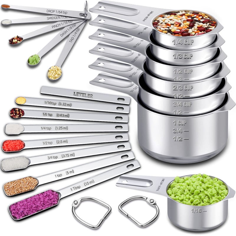 EWFEN Measuring Cups and Spoons Set of 20 7 Stainless Steel Nesting Measuring Cups  7 Spoons 1  Leveler  5 Mini Measuring Spoons for Cooking  Baking 