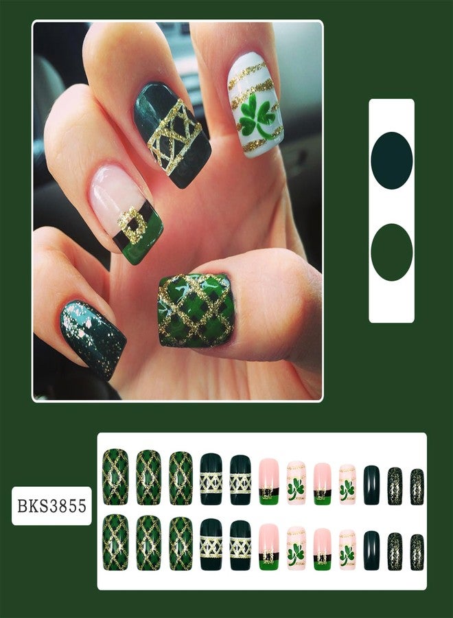 Vopintpy St. Patrick's Day Press on Nails Green Shamrock Fake Nails Gold Glitter Stripe Acrylic Glue on Nail Glossy Medium Square Stick on Nail for Women - Image 3