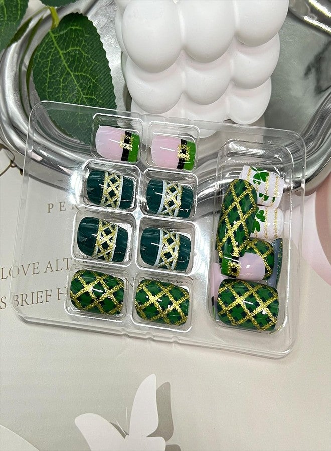 Vopintpy St. Patrick's Day Press on Nails Green Shamrock Fake Nails Gold Glitter Stripe Acrylic Glue on Nail Glossy Medium Square Stick on Nail for Women - Image 4