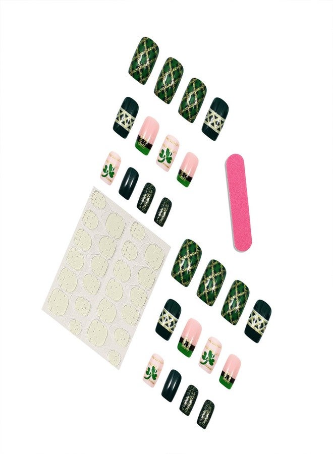 Vopintpy St. Patrick's Day Press on Nails Green Shamrock Fake Nails Gold Glitter Stripe Acrylic Glue on Nail Glossy Medium Square Stick on Nail for Women - Image 5