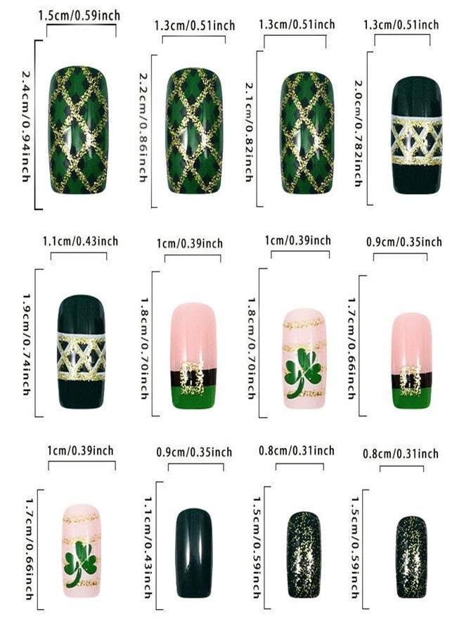 Vopintpy St. Patrick's Day Press on Nails Green Shamrock Fake Nails Gold Glitter Stripe Acrylic Glue on Nail Glossy Medium Square Stick on Nail for Women - Image 2
