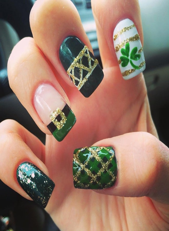 Vopintpy St. Patrick's Day Press on Nails Green Shamrock Fake Nails Gold Glitter Stripe Acrylic Glue on Nail Glossy Medium Square Stick on Nail for Women - Image 1