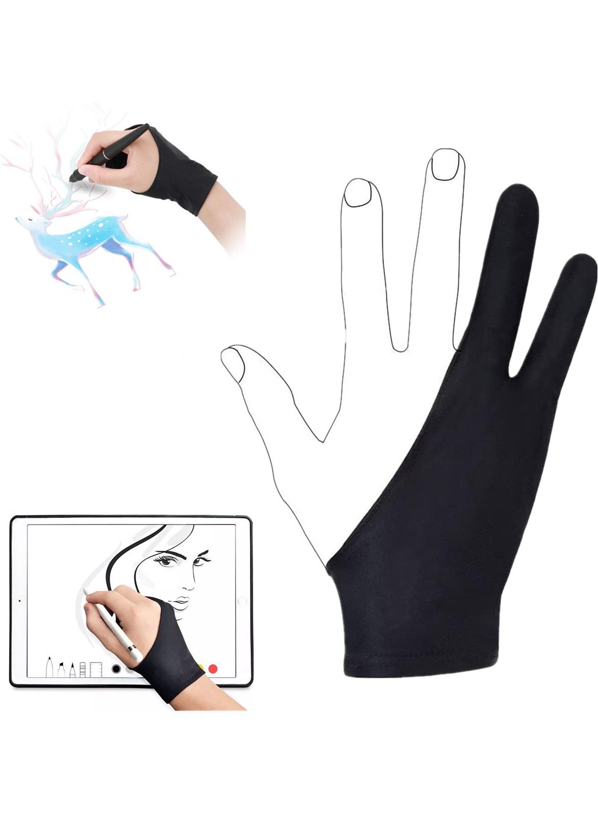 Generic 3-Piece Artist Drawing Two Finger Glove for Paper Sketching, iPad,  Graphics Tablet UAE