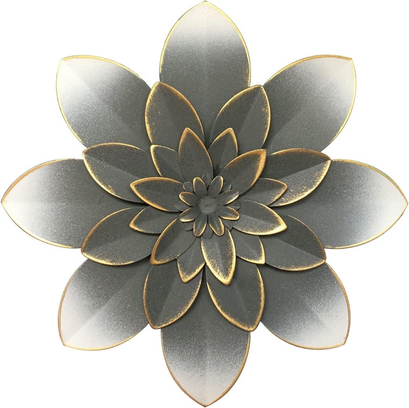 Picfarce Grey Metal Flower Wall Art Decor, 9.5“ Rustic Modern Floral Sculpture, Distressed Iron Wall Hanging Home Decoration Accent Artworks for Indoor Kitchen Bedroom Living Room Office Outdoor Garden Patio - Image 1