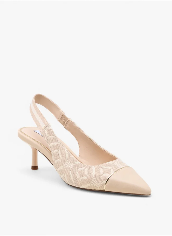 ELLE Monogram Print Slingback Pointed Toe Shoes with Kitten Heels