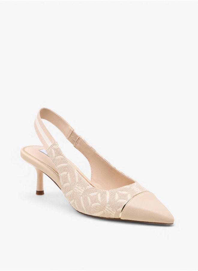 ELLE Monogram Print Slingback Pointed Toe Shoes with Kitten Heels  - Image 2